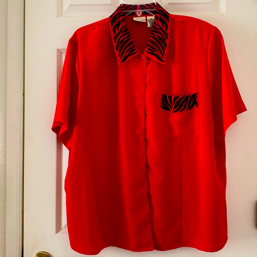 100% Polyester 22W red with graphic design on collar and pocket beautiful piece